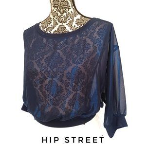 JENNIFER LOPEZ Sheer Chiffon Iridescent Blue SS Blouson Blouse Top M